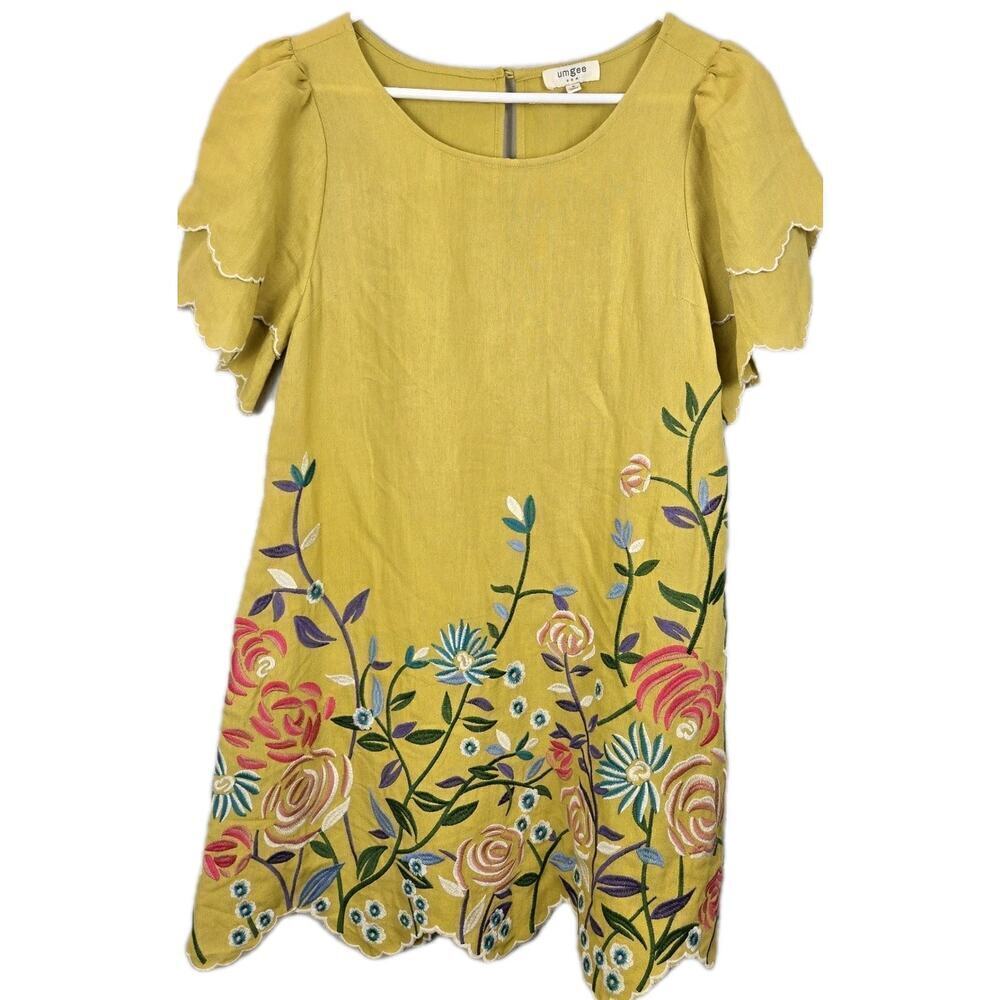 Umgee Embroidered Floral Dress SMALL Scalloped Hem PEASANT COTTAGE BOHO Yellow